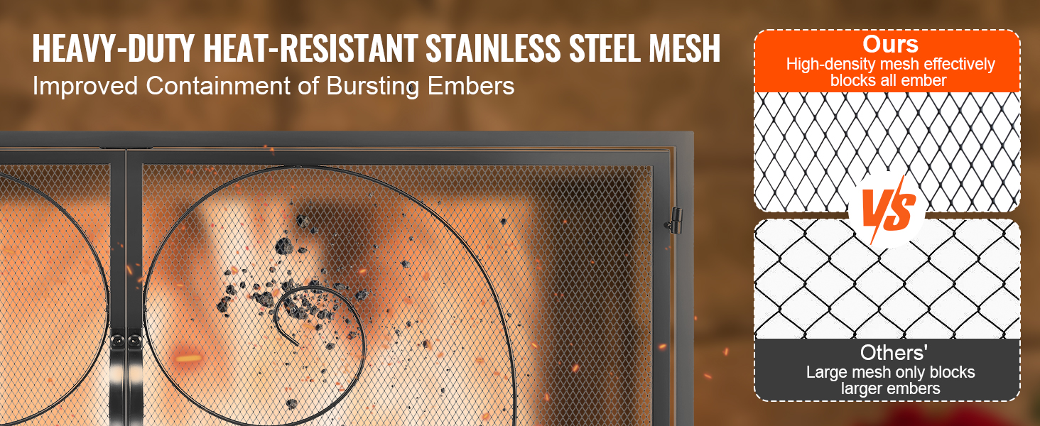 heavy-duty VEVOR fireplace screen with heat-resistant stainless steel mesh vs. standard large mesh.