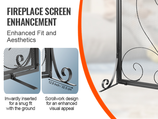 VEVOR fireplace screen with scrollwork design and snug fit features for enhanced aesthetics.