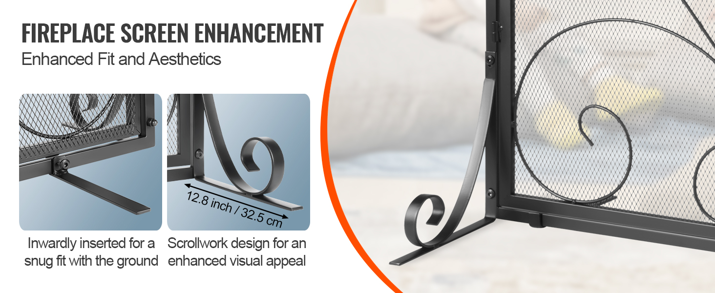 VEVOR fireplace screen with scrollwork design and snug fit features for enhanced aesthetics.