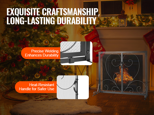 VEVOR fireplace screen with intricate scroll design, heat-resistant handle, precise welding, festive stockings.