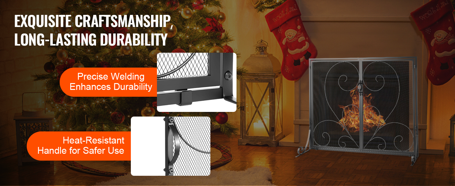 VEVOR fireplace screen with intricate scroll design, heat-resistant handle, precise welding, festive stockings.