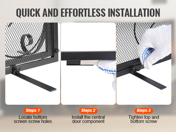 quick and easy setup of the VEVOR fireplace screen in three steps with detailed assembly instructions.
