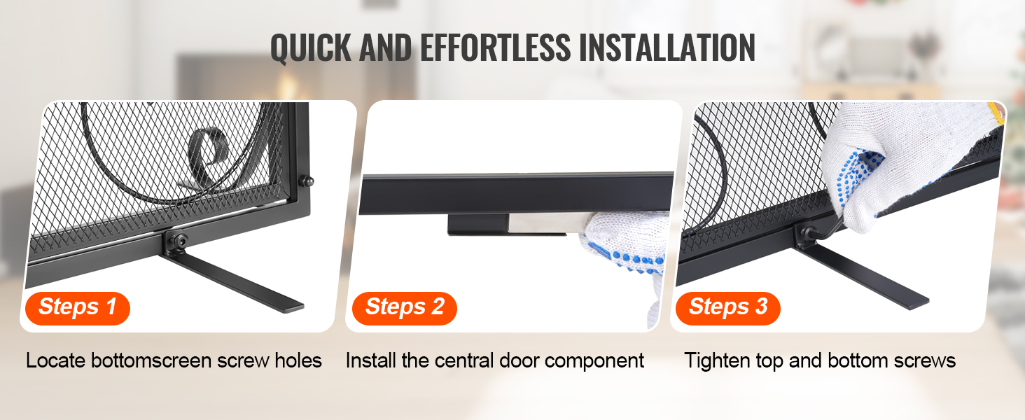 quick and easy setup of the VEVOR fireplace screen in three steps with detailed assembly instructions.