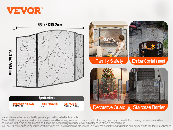 VEVOR fireplace screen, iron, 48x30.2 inches, for family safety, ember containment, decorative guard.