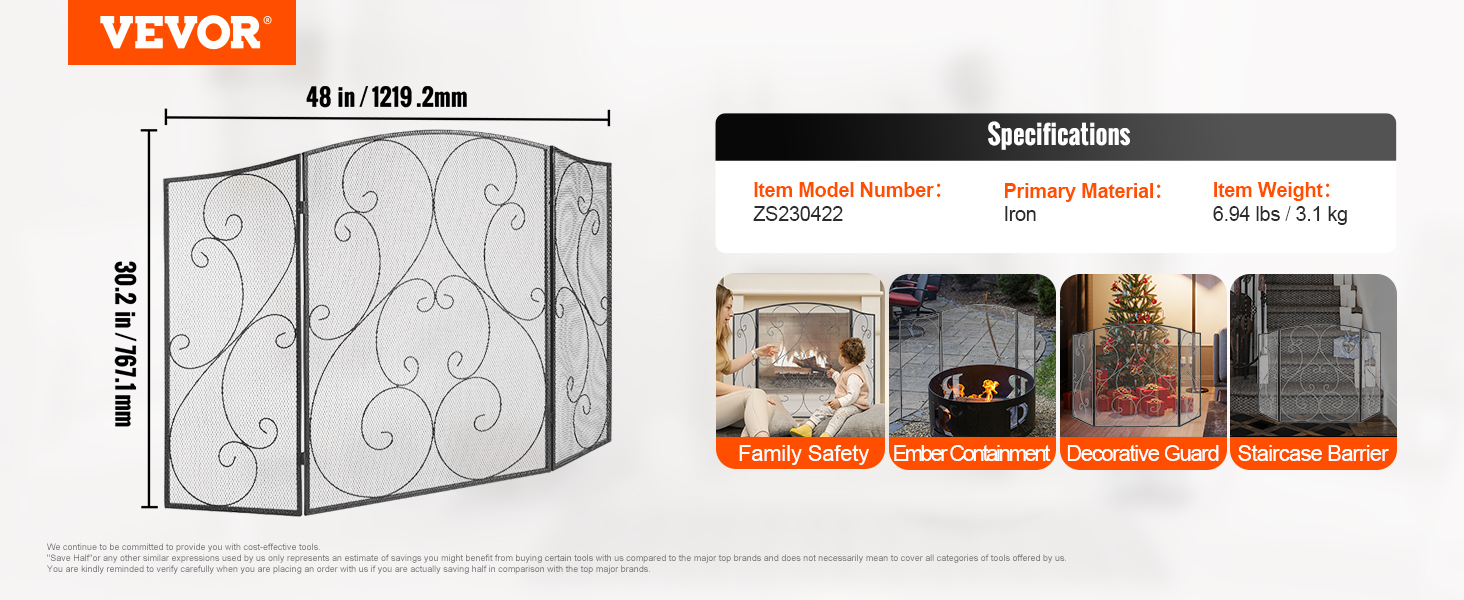 VEVOR fireplace screen, iron, 48x30.2 inches, for family safety, ember containment, decorative guard.