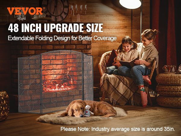 VEVOR fireplace screen in cozy living room, 48 inch upgrade size, extendable folding design, dog resting.