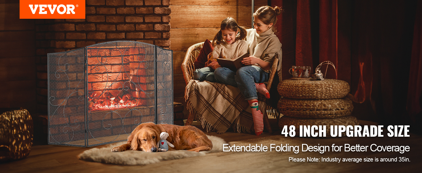VEVOR fireplace screen in cozy living room, 48 inch upgrade size, extendable folding design, dog resting.