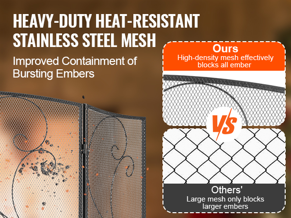 VEVOR fireplace screen with heavy-duty heat-resistant stainless steel mesh for better ember containment