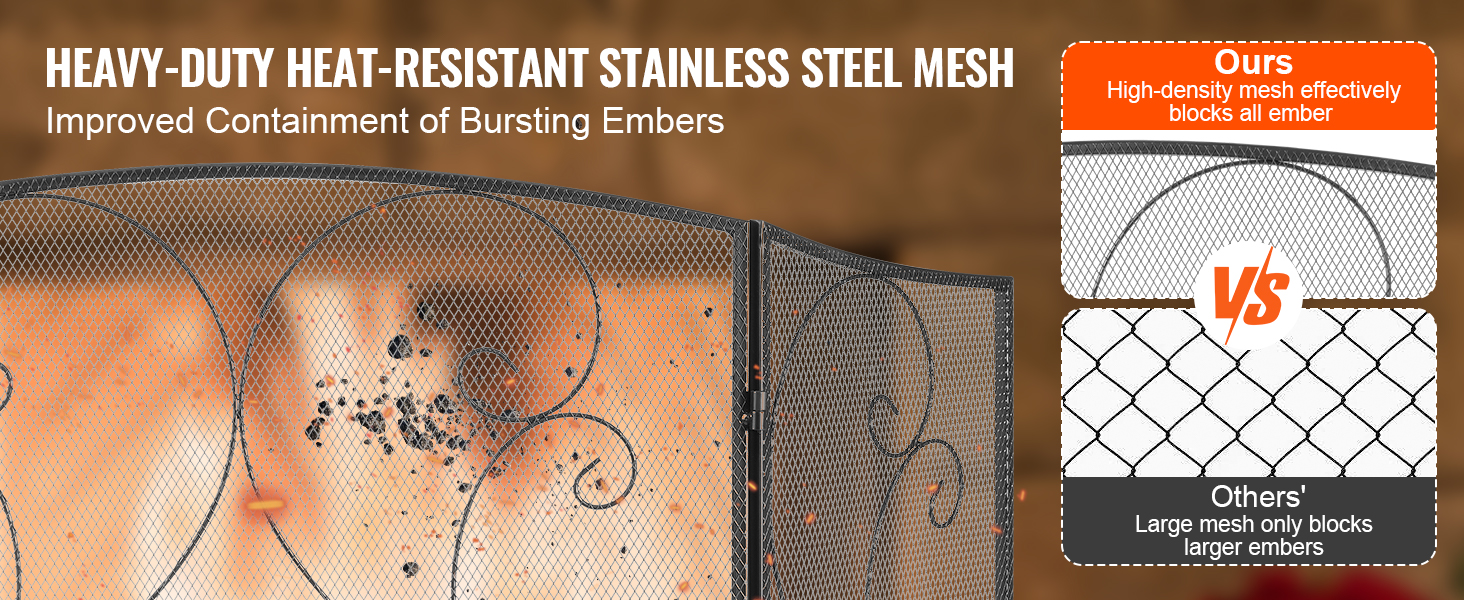 VEVOR fireplace screen with heavy-duty heat-resistant stainless steel mesh for better ember containment