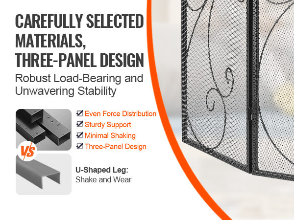 VEVOR fireplace screen with three-panel design, robust load-bearing, and sturdy u-shaped legs.