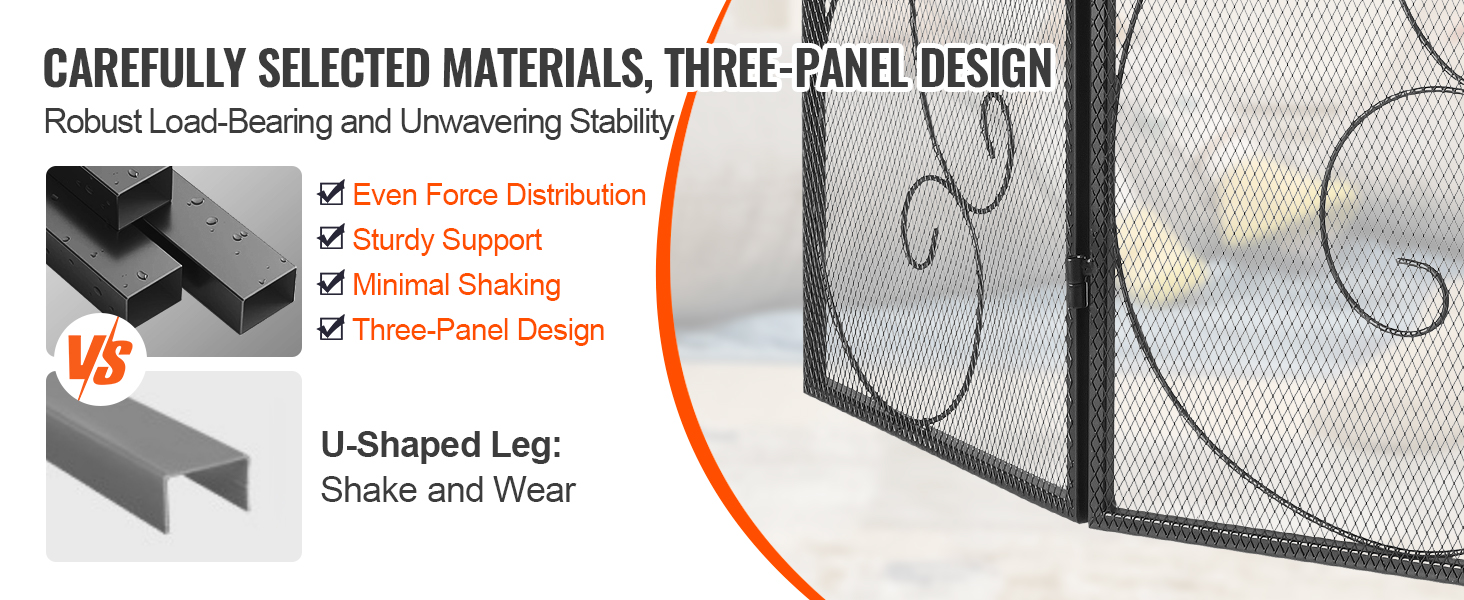 VEVOR fireplace screen with three-panel design, robust load-bearing, and sturdy u-shaped legs.
