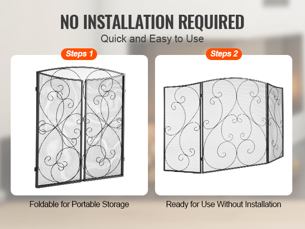 VEVOR fireplace screen, foldable for portable storage, ready for use without installation.