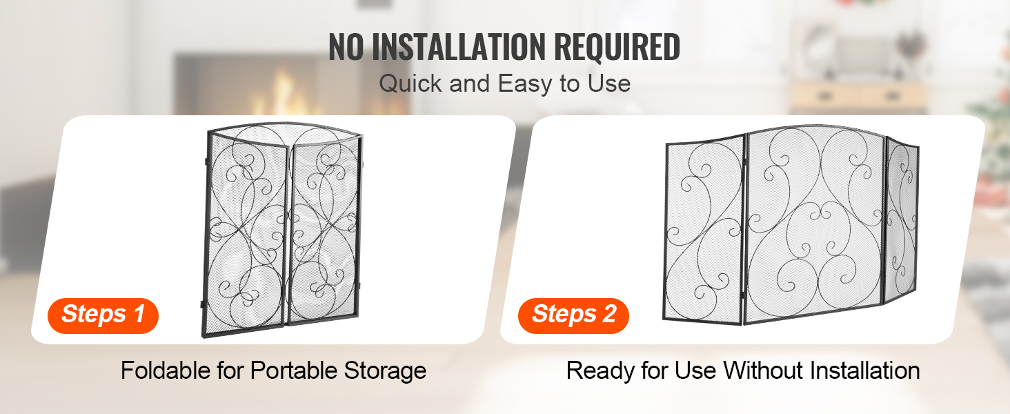 VEVOR fireplace screen, foldable for portable storage, ready for use without installation.