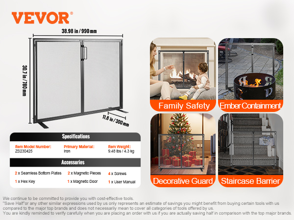 VEVOR fireplace screen, 38.98"x30.7", iron, includes hex key, magnetic door, screws, and bottom plates.