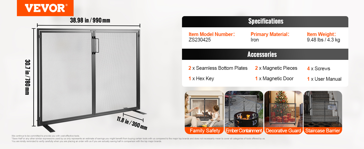 VEVOR fireplace screen, 38.98"x30.7", iron, includes hex key, magnetic door, screws, and bottom plates.