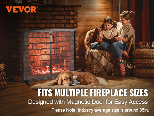 VEVOR fireplace screen with magnetic door, cozy living room scene, dog resting by fireplace.