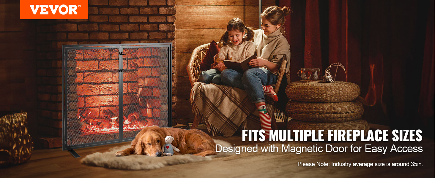 VEVOR fireplace screen with magnetic door, cozy living room scene, dog resting by fireplace.