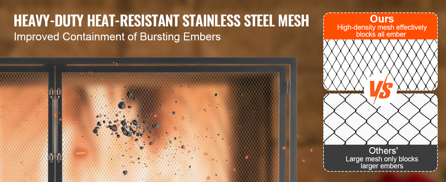 VEVOR fireplace screen with heavy-duty heat-resistant stainless steel mesh for improved ember containment.