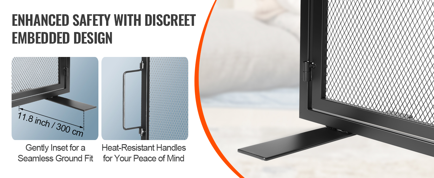 VEVOR fireplace screen with heat-resistant handles and discreet embedded design for enhanced safety.