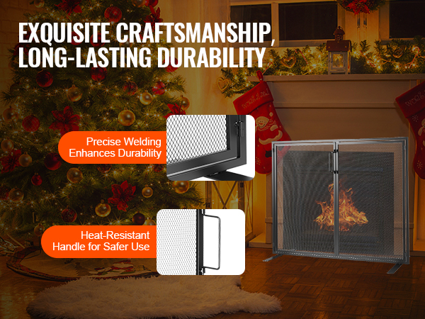 VEVOR fireplace screen with heat-resistant handle and precise welding for durability, in holiday setting.
