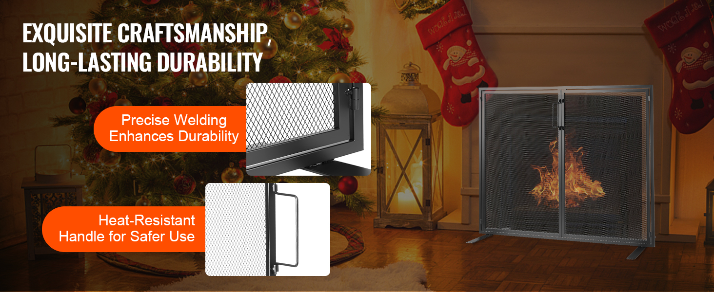 VEVOR fireplace screen with heat-resistant handle and precise welding for durability, in holiday setting.