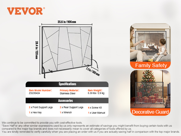 VEVOR fireplace screen, 35.6"x28.4", includes support legs, hex key, wrench, screw kit, user manual.