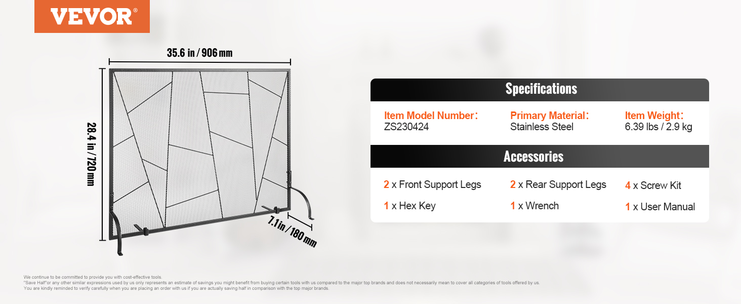 VEVOR fireplace screen, 35.6"x28.4", includes support legs, hex key, wrench, screw kit, user manual.