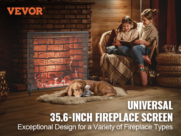cozy family beside a VEVOR fireplace screen with a dog asleep on a rug and a woven table next to them.