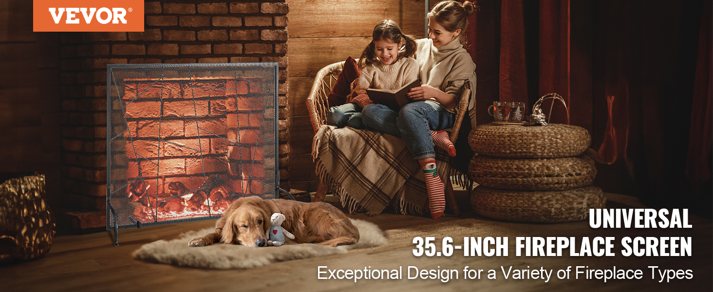 cozy family beside a VEVOR fireplace screen with a dog asleep on a rug and a woven table next to them.