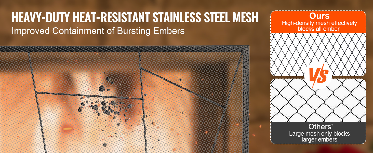 heavy-duty stainless steel VEVOR fireplace screen containing bursting embers with high-density mesh.