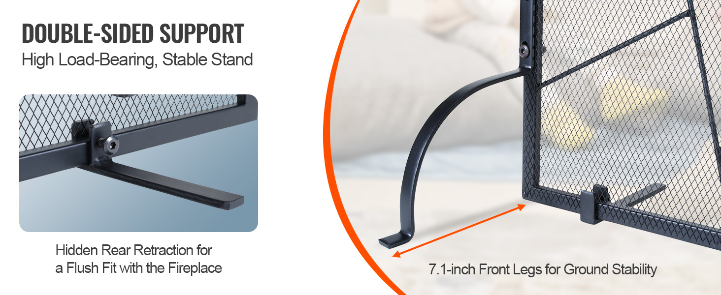 double-sided support VEVOR fireplace screen with 7.1-inch front legs and hidden rear retraction.