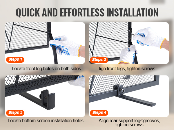 quick installation guide for the VEVOR fireplace screen, highlighting steps to locate and tighten screws.