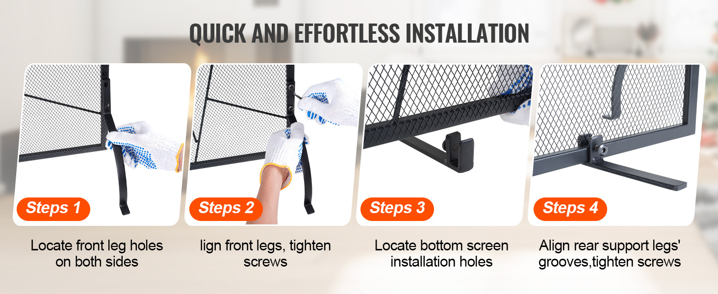 quick installation guide for the VEVOR fireplace screen, highlighting steps to locate and tighten screws.