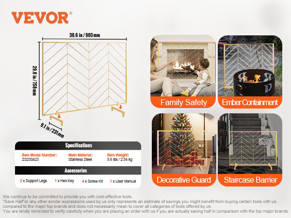 VEVOR fireplace screen, stainless steel, 38.6x29.8 in, includes 2 support legs, hex key, screw kit.