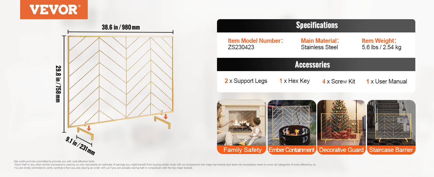 VEVOR fireplace screen, stainless steel, 38.6x29.8 in, includes 2 support legs, hex key, screw kit.
