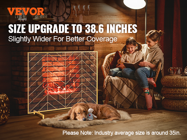 VEVOR fireplace screen displayed in cozy living room with a dog and two people near a warm fire.