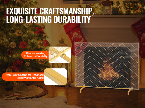 gold VEVOR fireplace screen with precise welding and even paint coating, in front of a decorated christmas tree.