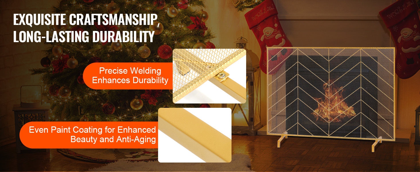 gold VEVOR fireplace screen with precise welding and even paint coating, in front of a decorated christmas tree.
