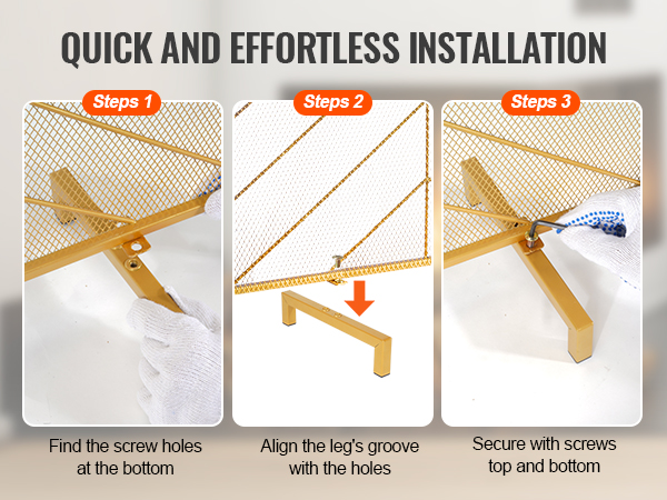 quick installation of VEVOR fireplace screen: find screw holes, align leg's groove, and secure with screws.