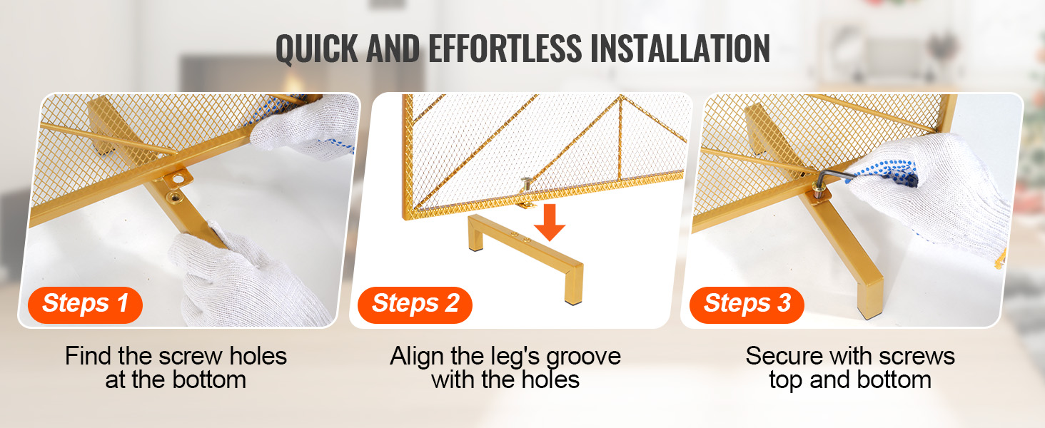 quick installation of VEVOR fireplace screen: find screw holes, align leg's groove, and secure with screws.