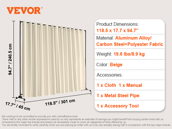 VEVOR room divider: beige, 118.5 x 17.7 x 94.7 inches, aluminum alloy frame, polyester fabric, includes accessories.