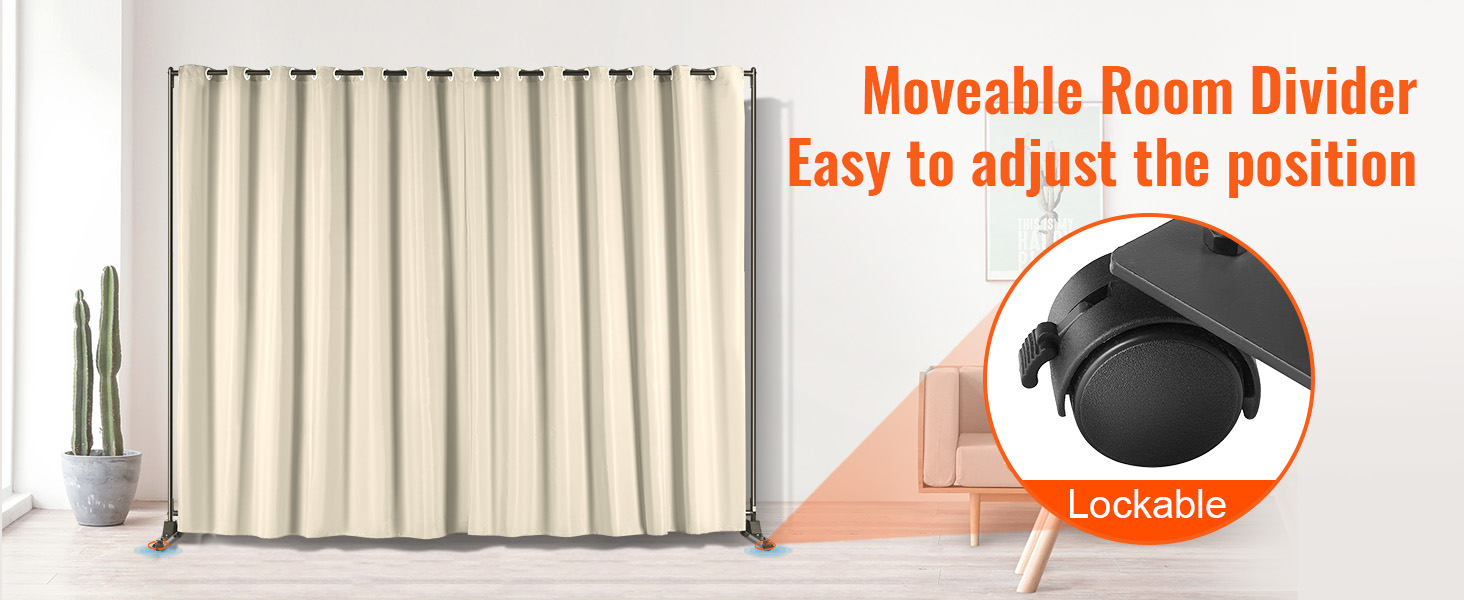 VEVOR room divider in beige with lockable wheels for easy position adjustment, next to cactus plant.