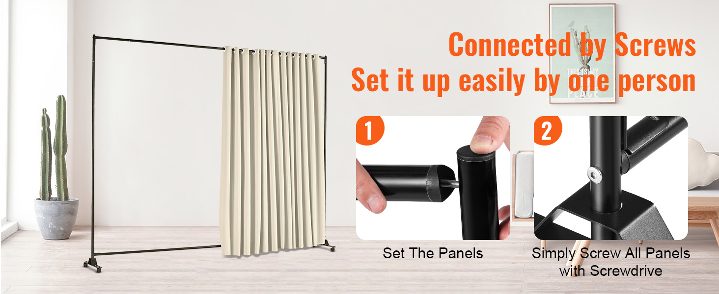 VEVOR room divider setup with beige curtain in a minimalistic room, emphasizing easy assembly with screws.