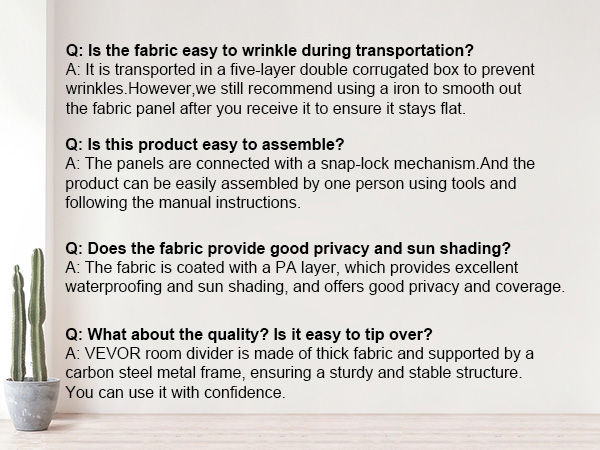 faq sections about VEVOR room divider on a white wall, with a cactus and a gray sofa.
