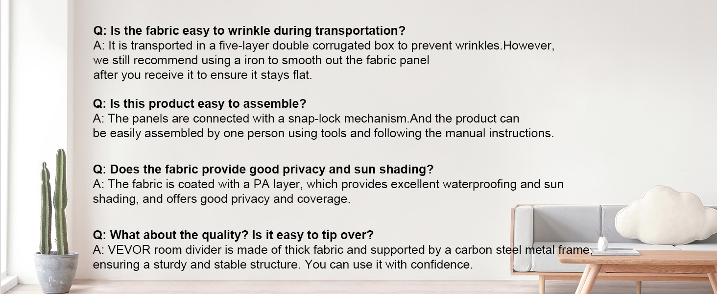 faq sections about VEVOR room divider on a white wall, with a cactus and a gray sofa.