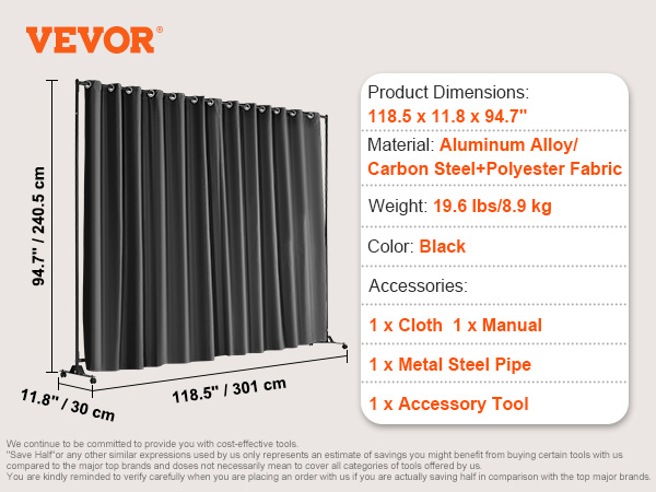 VEVOR room divider, black, dimensions 118.5"x11.8"x94.7", aluminum alloy, carbon steel, polyester fabric.