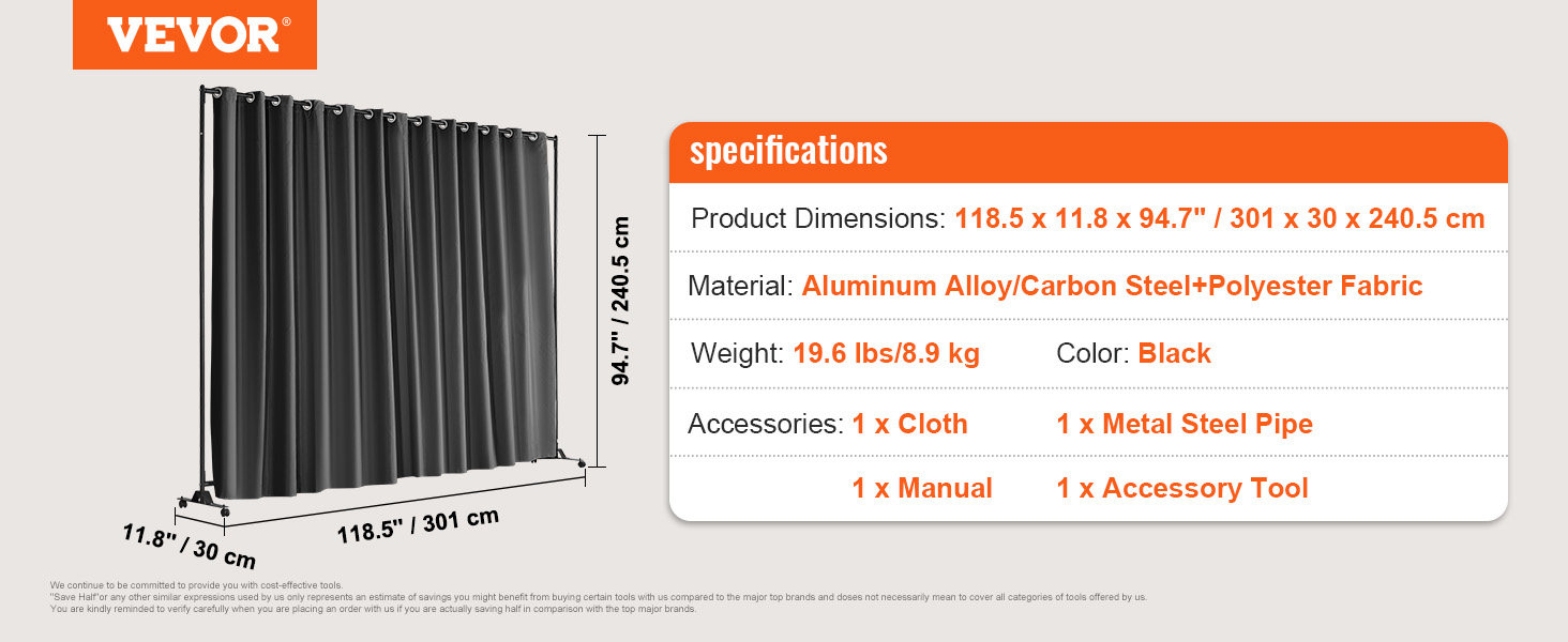 VEVOR room divider, black, dimensions 118.5"x11.8"x94.7", aluminum alloy, carbon steel, polyester fabric.