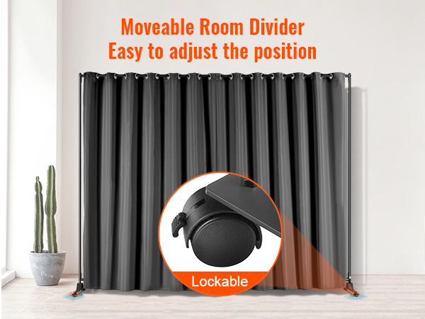 moveable black VEVOR room divider with lockable wheels, next to a cactus and a beige sofa. easy to adjust.