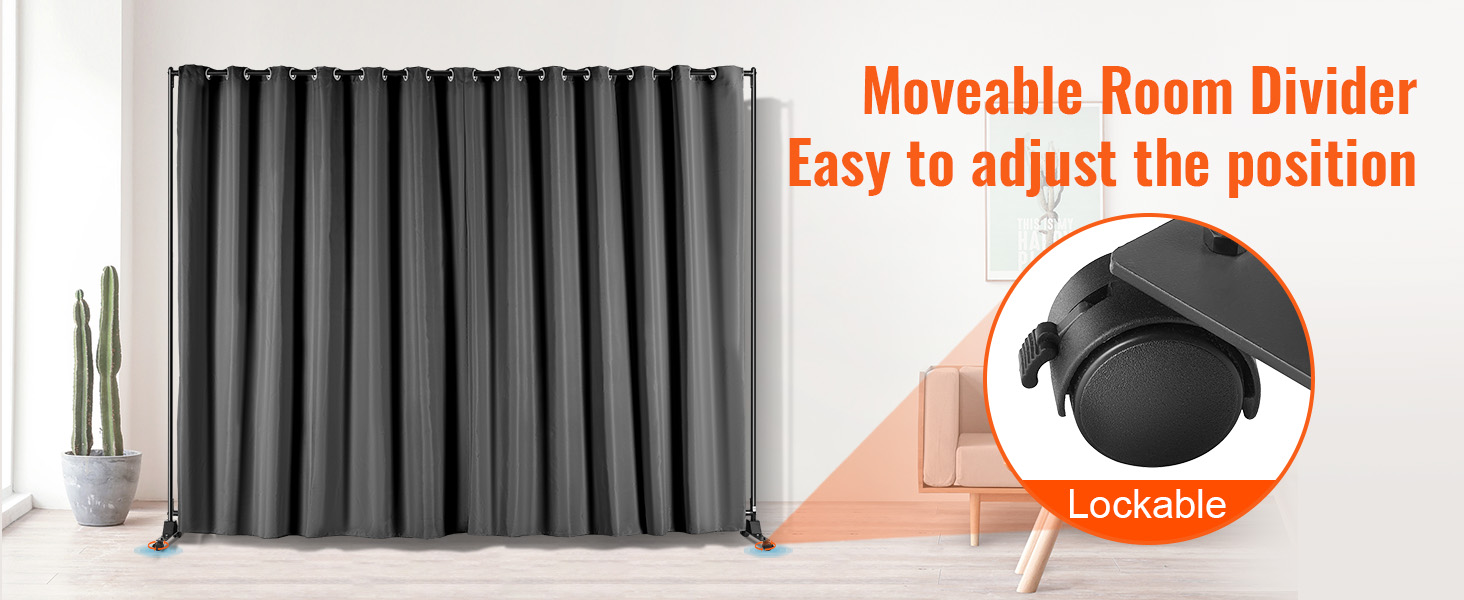 moveable black VEVOR room divider with lockable wheels, next to a cactus and a beige sofa. easy to adjust.
