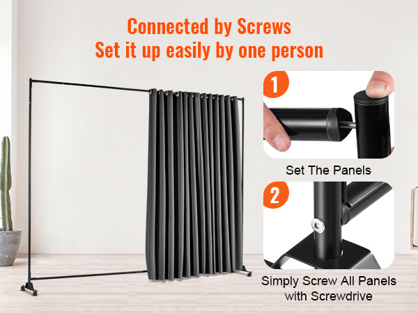VEVOR room divider setup guide showing assembly steps with screws in a modern living room.